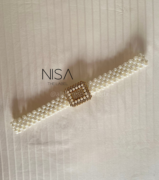 Rectangle pearl buckle rhinestone waist cincher belt