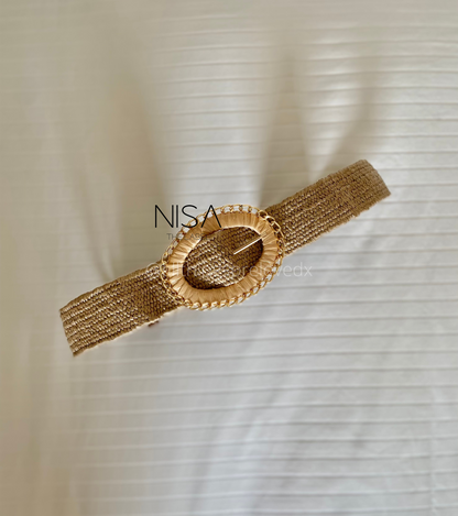 Oval woven chain metal buckle straw woven belt