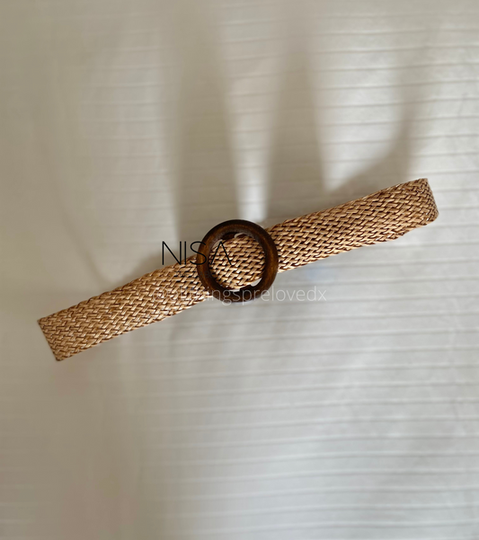 Round woodish buckle braided straw woven belt