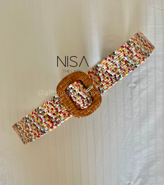 Oval buckle confetti straw woven belt